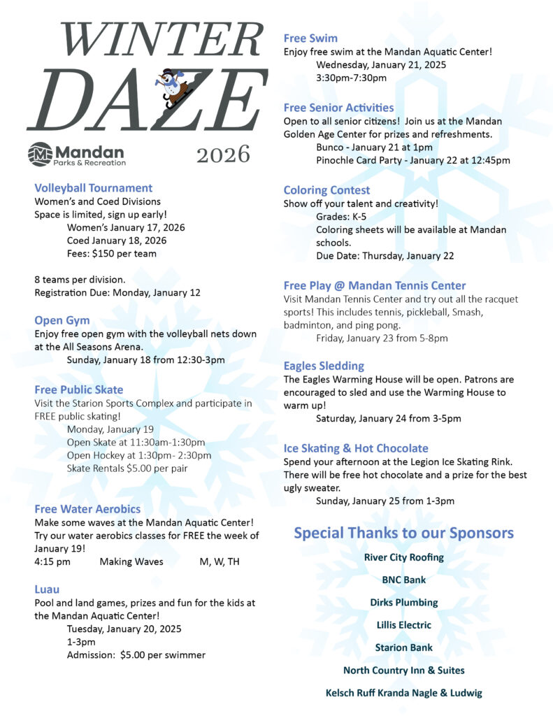 2026 Winter Daze flyer with list of events